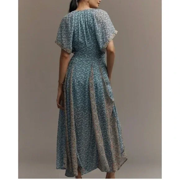 Maeve Anthropologie Floral V-Neck Button Front Maxi Dress Blue Multi Size 12 NWT - Picture 4 of 8